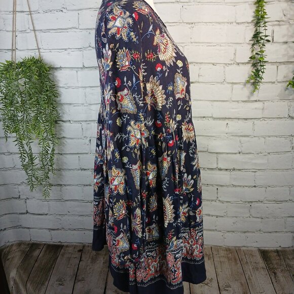WOMENS CALIFORNIA MOONRISE TUNIC DRESS, NAVY WITH FLORAL DESIGN, SIZE MED, BOHO - Picture 4 of 6
